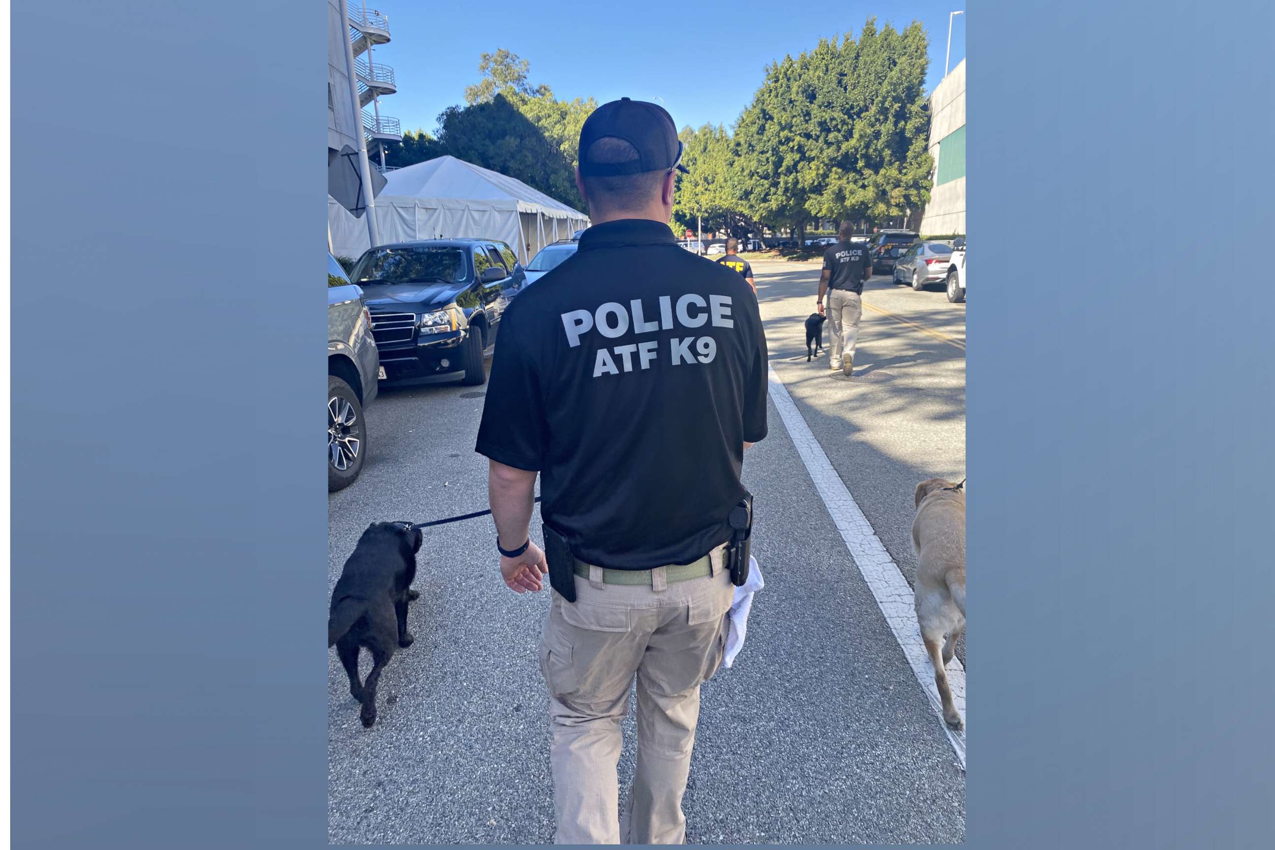 PHOTO: An ATF K9 agent walks behind the Super Bowl Experience in Los Angeles.