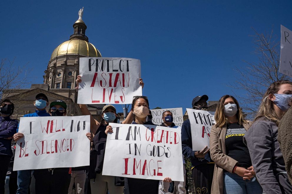 PHOTO: Demonstrators take to the streets to show their support for Asian-American and Pacific Islander communities, March 20, 2021, in Atlanta.