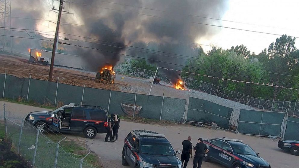PHOTO: Fires are seen at the construction site of a police training center, where a demonstration led to clashes between protesters and police members, in Atlanta, March 5, 2023, in a screengrab from a social media video.