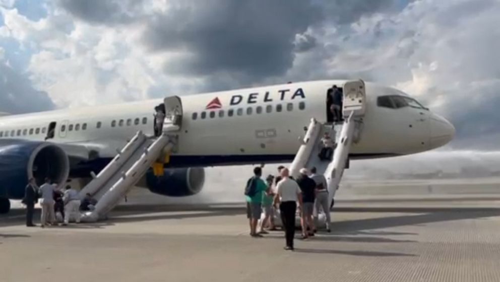 PHOTO: In this screen grab from a video, passengers on a Delta flight make an emergency evacuation at Hartsfield-Jackson Atlanta International Airport on Aug. 2, 2023.