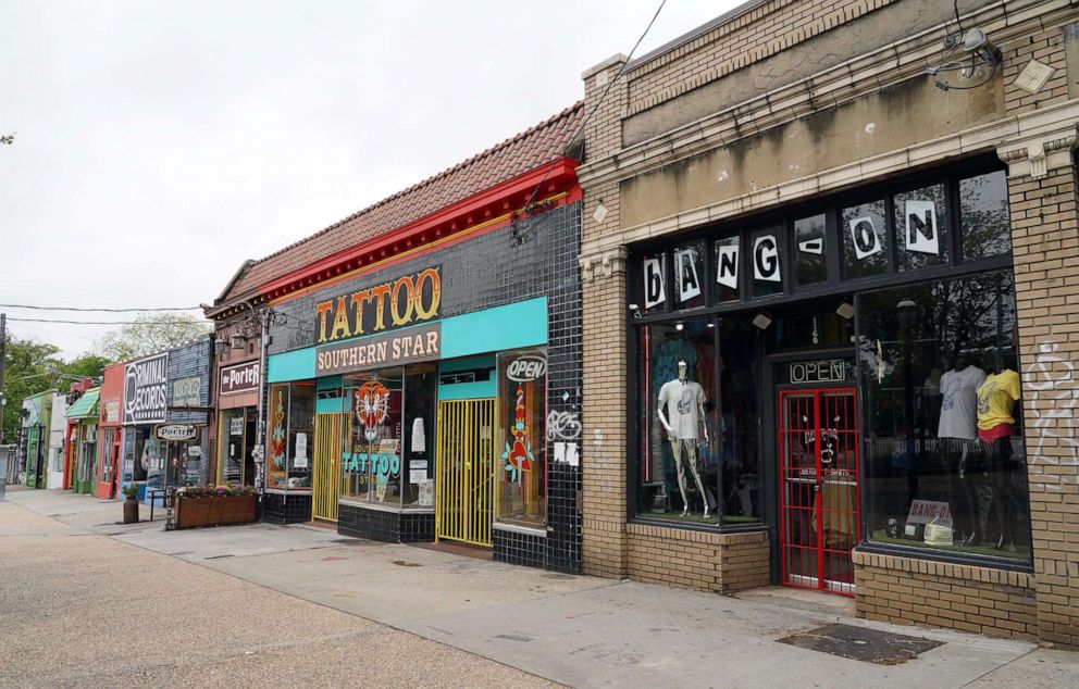 PHOTO: Deserted streets along closed buildings are seen in the Little Five Points section of Atlanta, Georgia, April 23, 2020. 