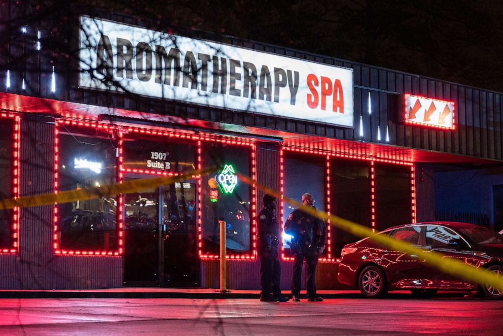 PHOTO: Law enforcement personnel are seen outside a spa where a person was shot and killed on March 16, 2021, in Atlanta. Eight people were killed in shootings at three different spas in Georgia on March 16.