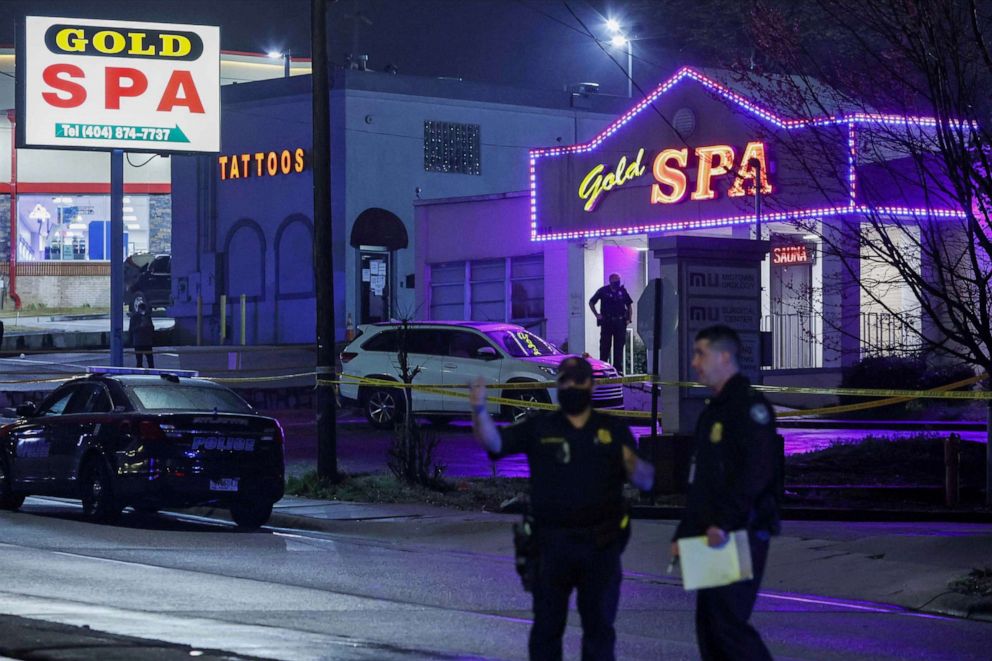 PHOTO: In this March 16, 2021, file photo, Atlanta police officers are seen outside of Gold Spa after deadly shootings in the Atlanta area.
