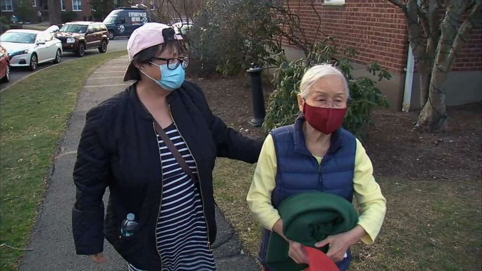 PHOTO: Linda Toh, left listens as her mother, Nancy Toh, 83, talks about being attacked on the evening of March 9, 2021, in White Plains, N.Y., by a person who spit in her face and then knocked her to the ground. 