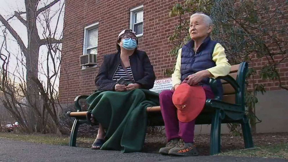 PHOTO: Linda Toh, left listens as her mother, Nancy Toh, 83, talks about being attacked on the evening of March 9, 2021, in White Plains, N.Y., by a person who spit in her face and then knocked her to the ground. 