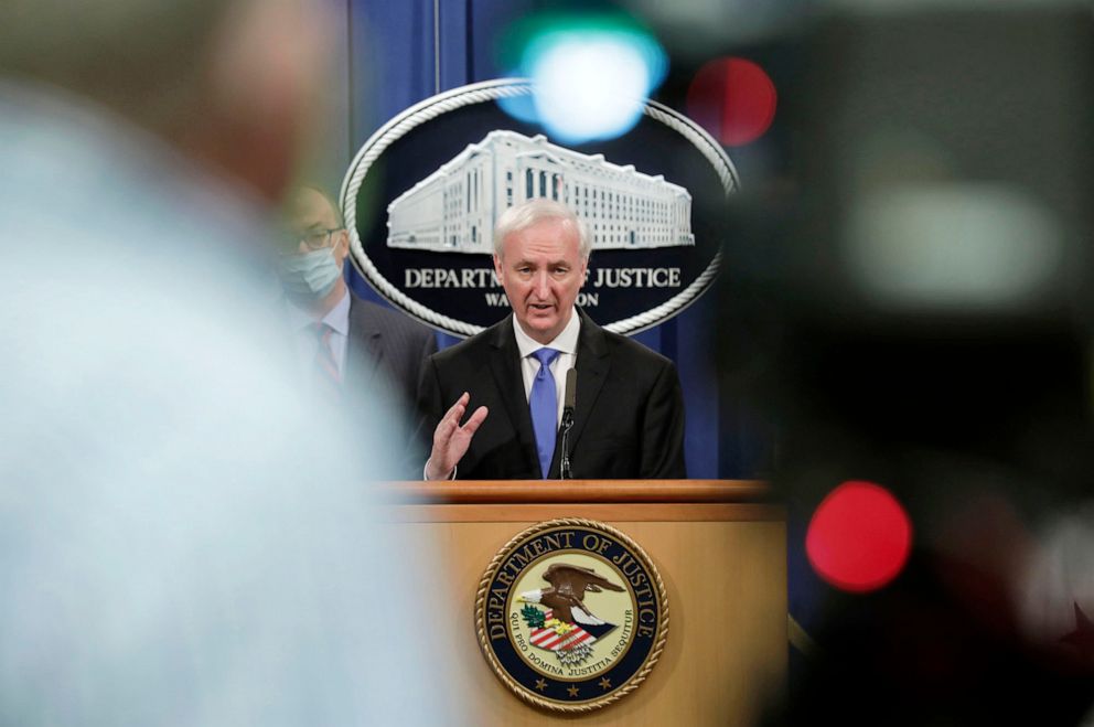 PHOTO: Jeffrey Rosen, deputy attorney general, speaks during a news conference at the Department of Justice in Washington, Oct. 21, 2020.
