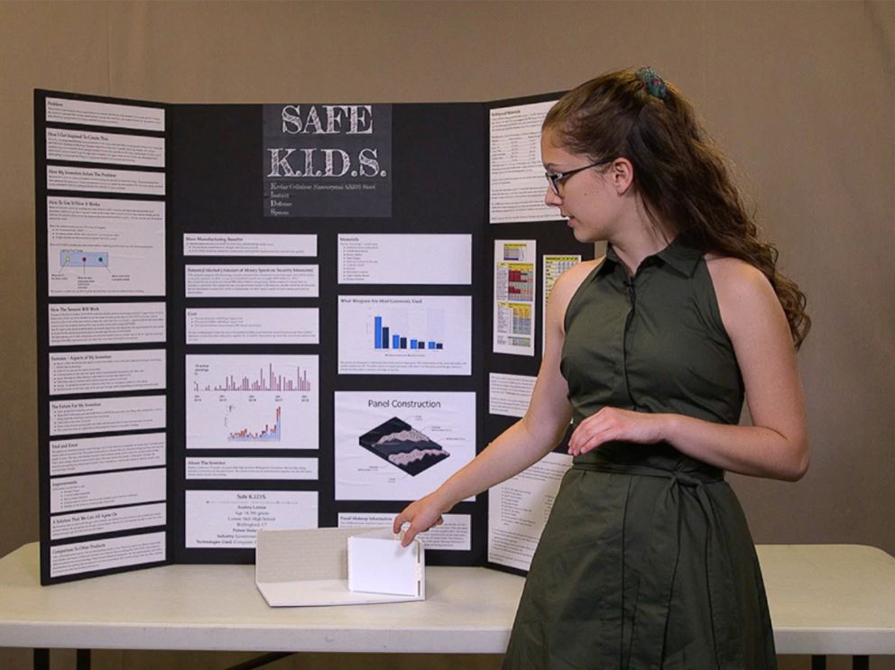 PHOTO: Audrey Larson, 14, is pictured on July 31, 2018, with her invention idea on how to keep schools safe during a school shooting.