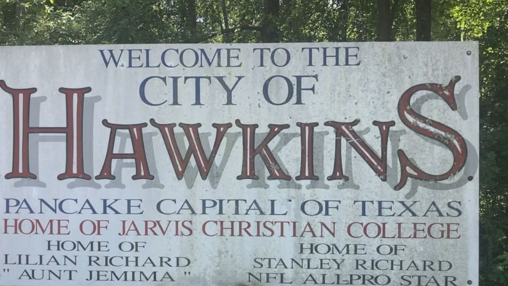 PHOTO: The Welcome to Hawkins sign depicts the Texas town as 'pancake capital' of the state.