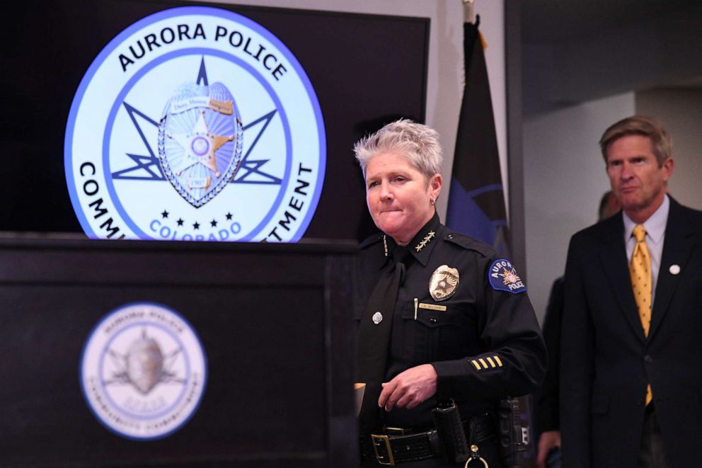 PHOTO: Aurora Police Chief Vanessa Wilson and City Manager Jim Twombly appear during a press conference at Aurora Police Department Headquarters in Aurora, Colo., on July 27, 2021.