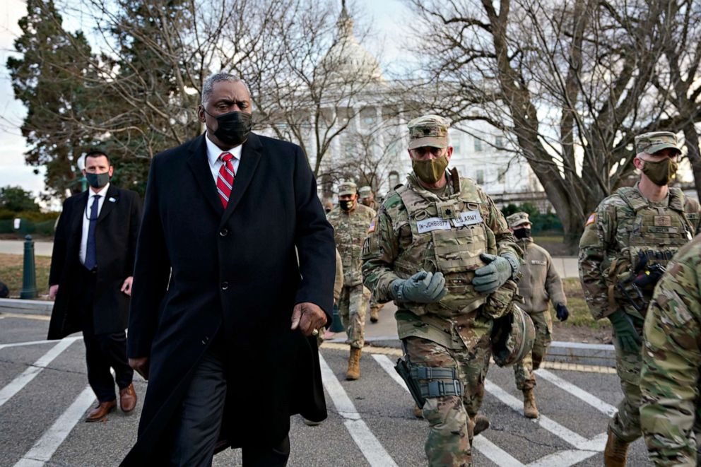 PHOTO: Secretary of Defense Lloyd Austin visits National Guard troops deployed at the U.S. Capitol and its perimeter on Jan. 29, 2021, on Capitol Hill in Washington, following the Jan. 6 insurrection.