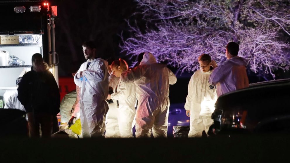 PHOTO: Members of law enforcement work near the area where a suspect in a series of bombing attacks in Austin blew himself up as authorities closed in, March 21, 2018, in Round Rock, Texas.