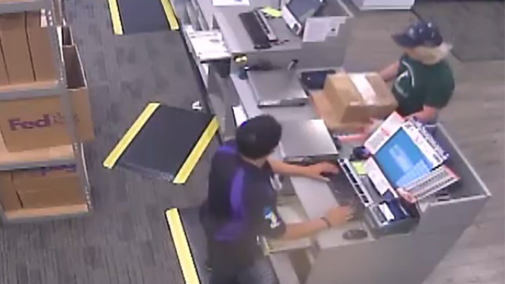 An image made from security camera footage appears to show a man identified by authorities as Austin bombing suspect Mark Conditt shipping two packages at a FedEx store on March 18, 2018.