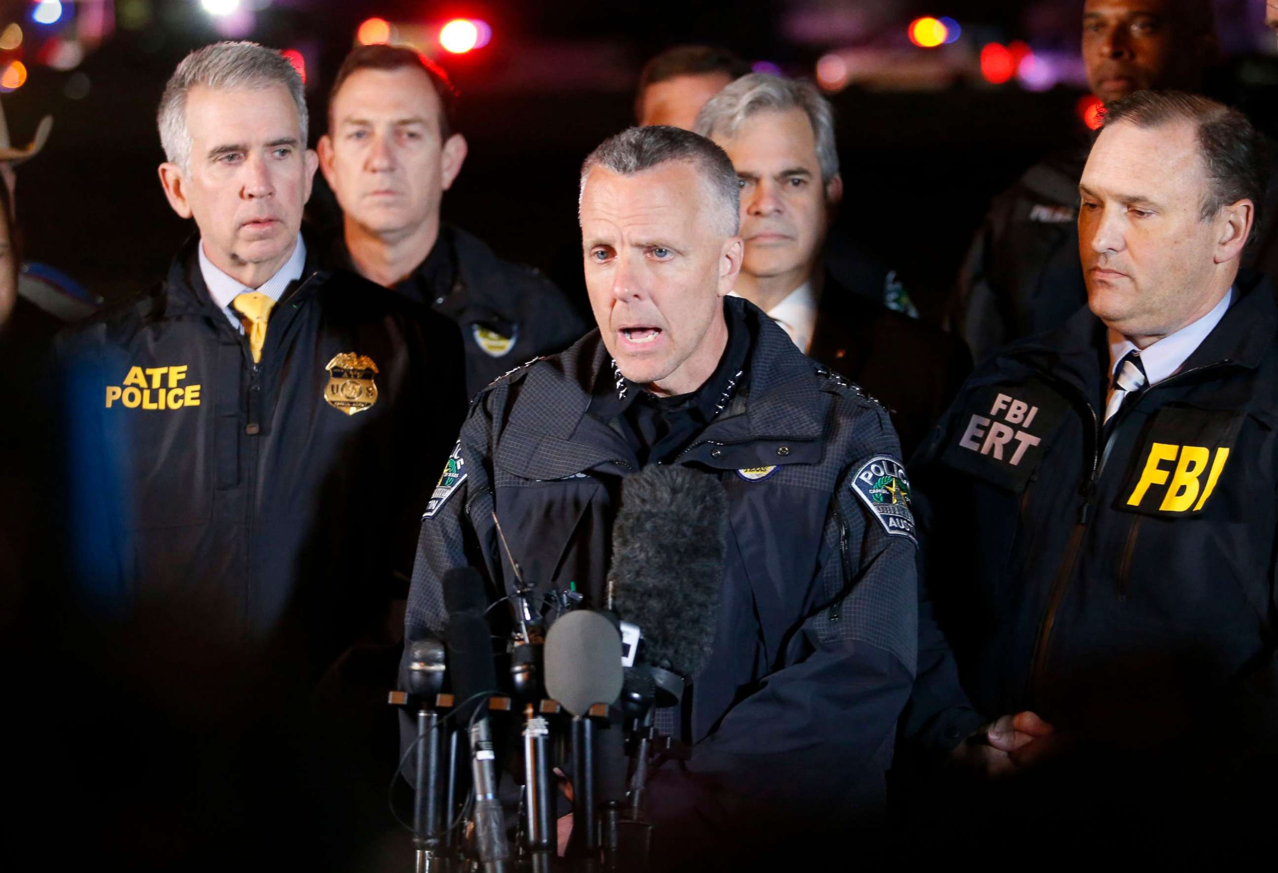 PHOTO: ATF Agent in Charge Fred Milanowski, left, Interim Austin Police Chief Brian Manley and FBI Special Agent in Charge Christopher Combs speak yo the media in Round Rock, Texas, March 21, 2018.