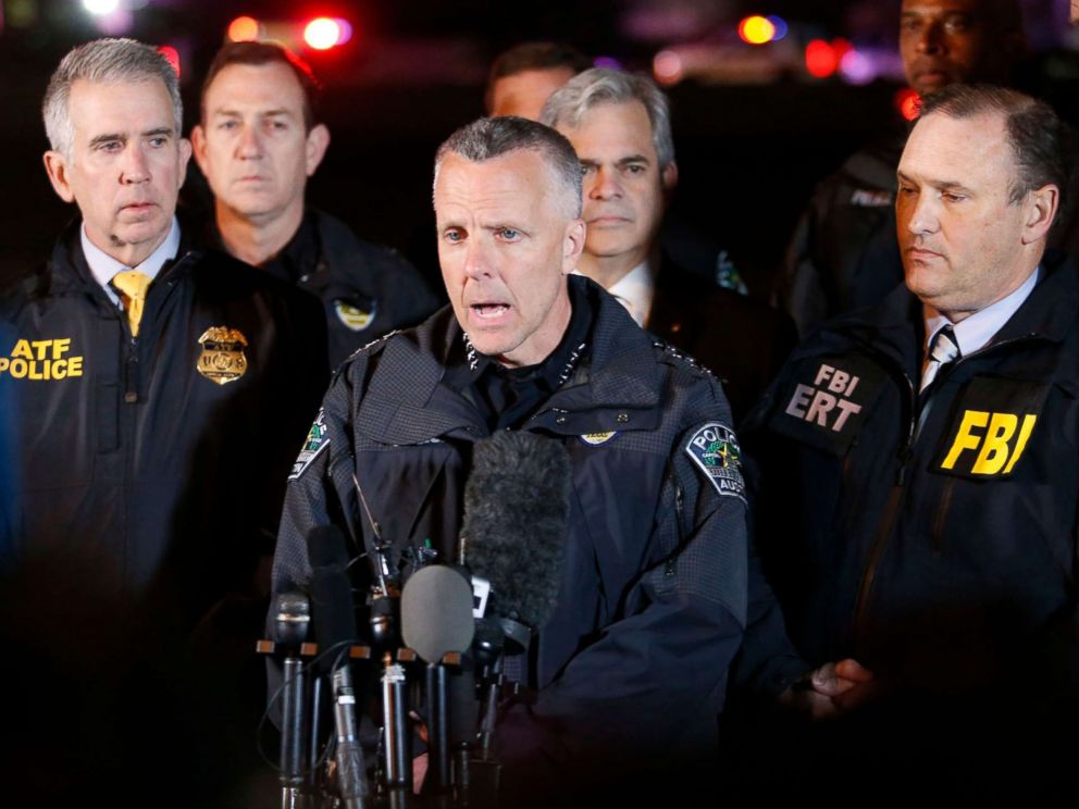 PHOTO: ATF Agent in Charge Fred Milanowski, left, Interim Austin Police Chief Brian Manley and FBI Special Agent in Charge Christopher Combs speak yo the media in Round Rock, Texas, March 21, 2018.