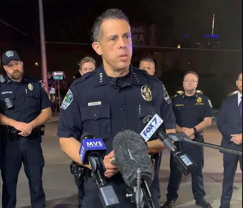 PHOTO: Chief of police Joseph Chacon provies  an update on overnight shootings in Austin, Texas, June 12, 2021. 