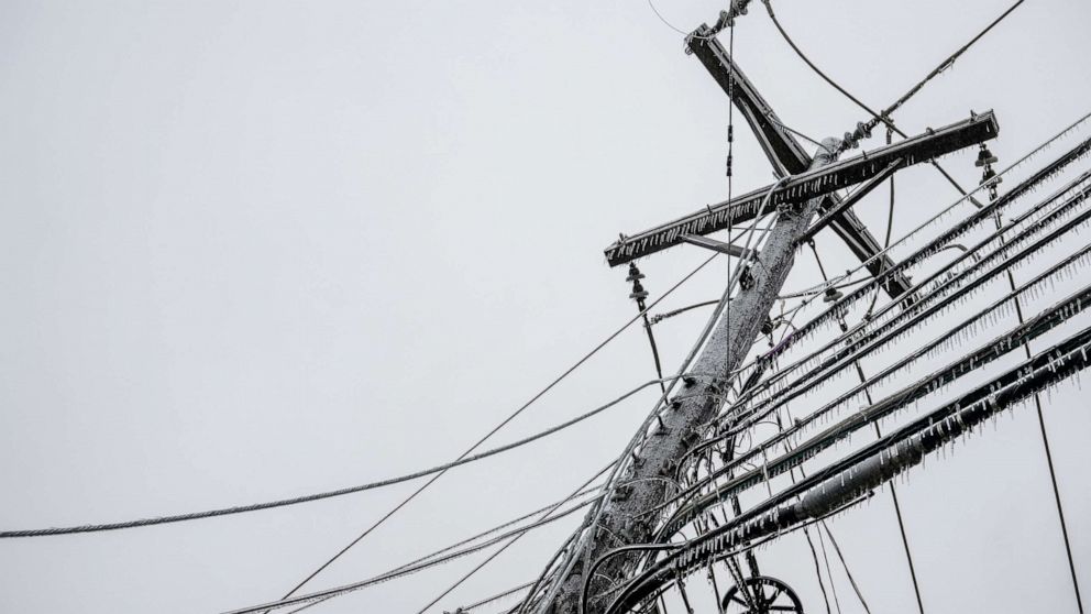 PHOTO: Frozen power lines are seen toppled over on Feb. 01, 2023, in Austin, Texas. A winter storm is sweeping across portions of Texas, causing massive power outages and disruptions of highways and roads.