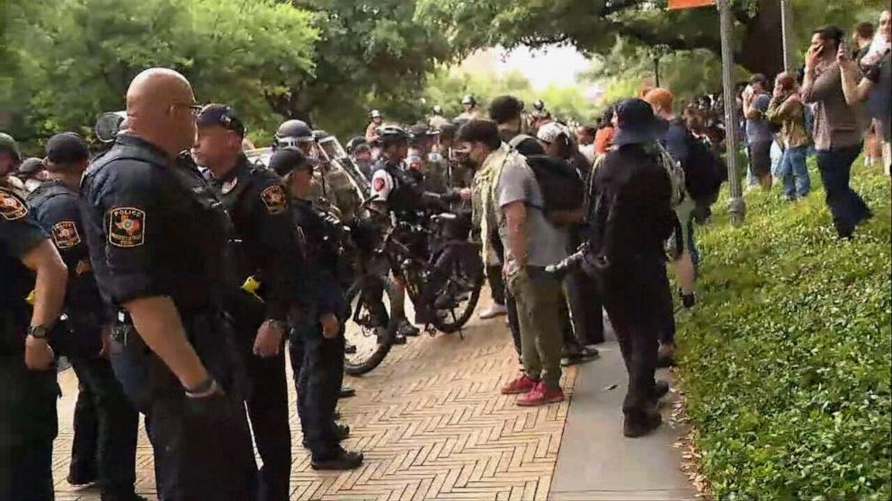 PHOTO: Texas Troopers call for protesters to disperse at UT Austin, on April 24, 2024, in Austin, Texas.