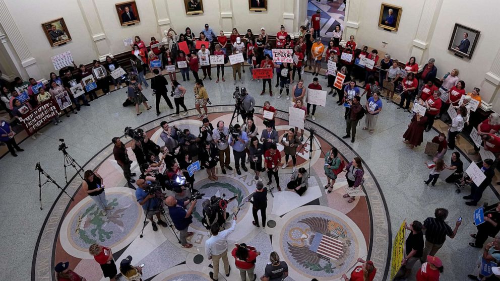 PHOTO: Protesters gather at the Texas State Capitol in Austin, Texas, May 8, 2023, to call for tighter regulations on gun sales, after a gunman killed several people at a Dallas-area mall on May 6.