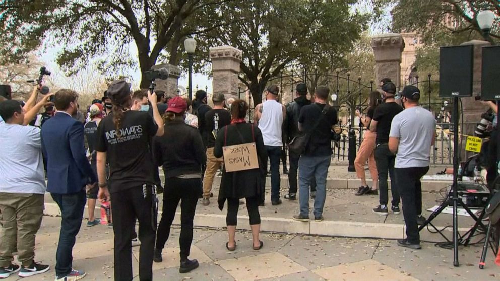 PHOTO: Service industry workers in Austin gathered to protest Gov. Greg Abbott's lifting of all COVID-19 restrictions, March 8, 2021.