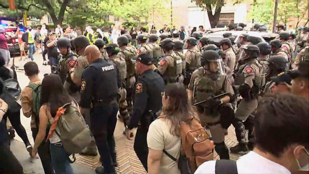 PHOTO: Texas Troopers call for protesters to disperse at UT Austin, on April 24, 2024, in Austin, Texas.