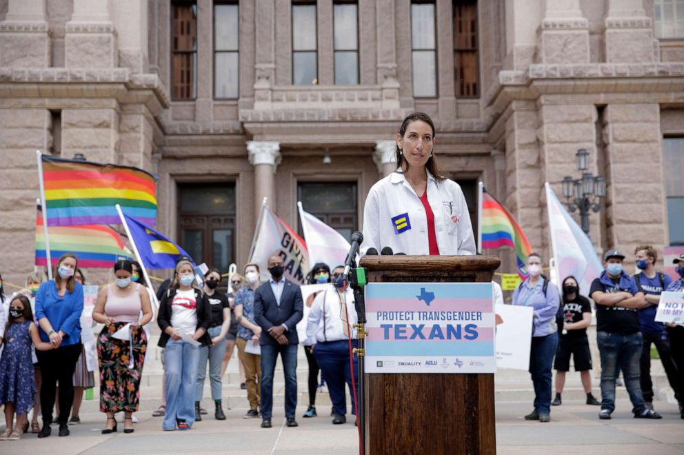 PHOTO: In this May 4, 2021, file photo, Dr. Aliza Norwood, Medical Director of Vivent Health Austin, speaks out against legislation that would ban gender-affirming medical care, at a rally at the Texas State Capitol in Austin, Texas.