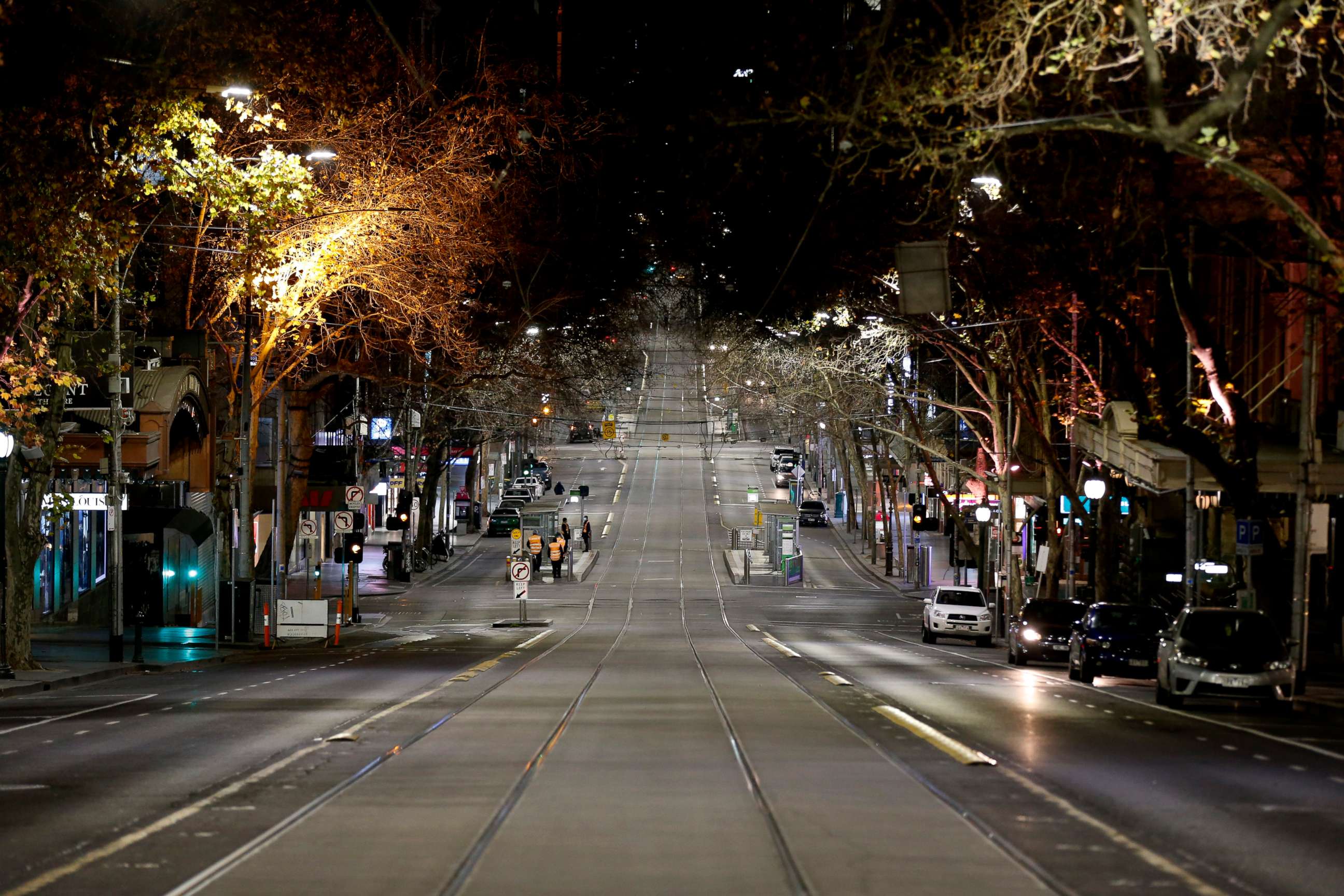 PHOTO: A general view of Collins Street after 8pm as an 8pm to 5am curfew has been introduced starting, Aug. 2, 2020, in Melbourne, Australia.
