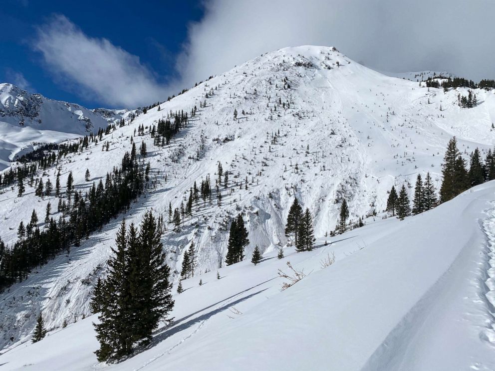 PHOTO: View of the are where a group of backcountry skiers triggered a large avalanche between the towns of Silverton and Ophir, Colo., Feb. 1, 2021. Four people were caught, carried, and fully buried in the debris. 