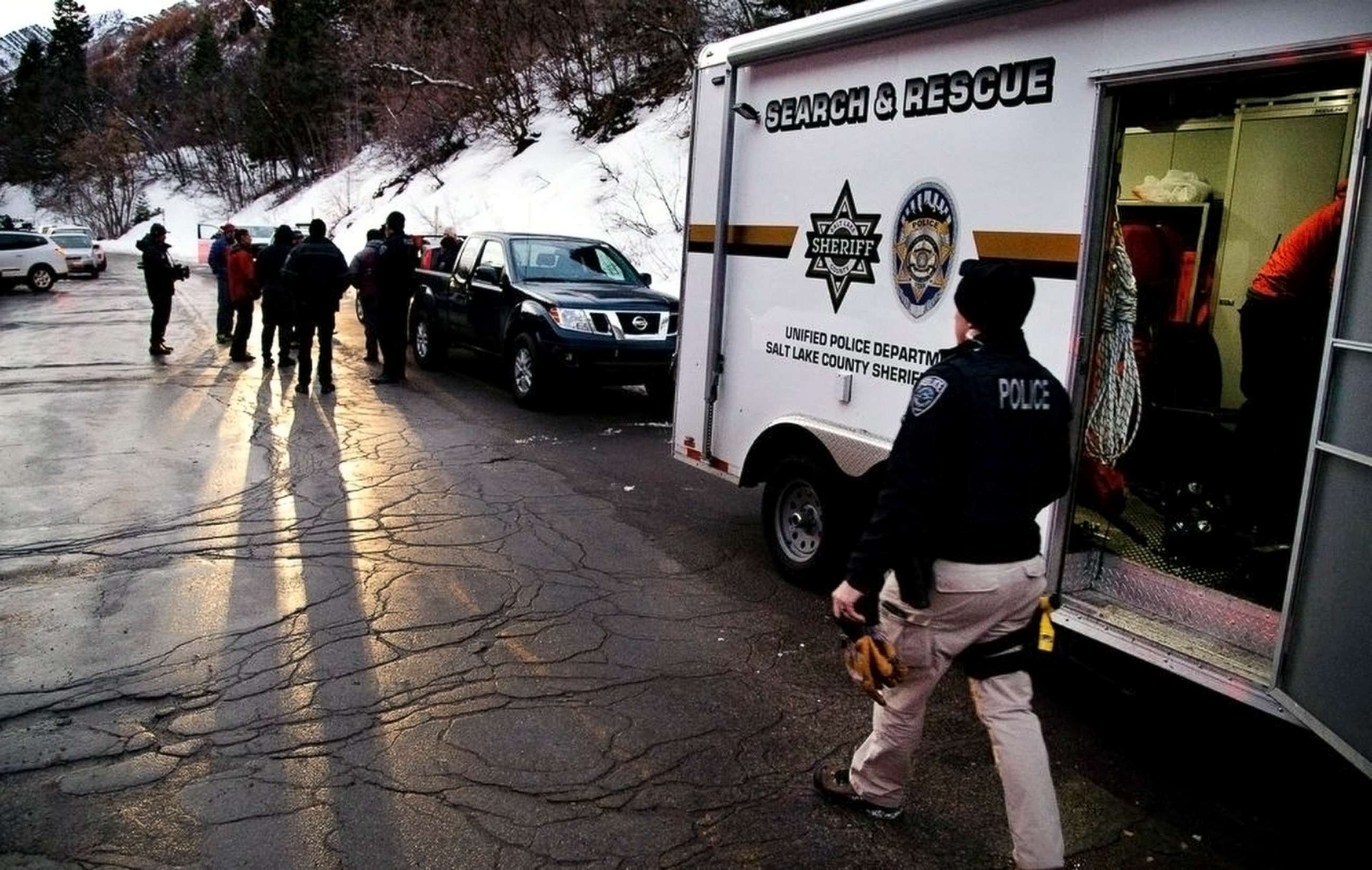PHOTO: Salt Lake County Sheriff Search and Rescue crews respond to the top of Millcreek Canyon where four skiers died and four other skiers were injured in a skier-triggered avalanche on Feb. 6, 2021, near Salt Lake City.
