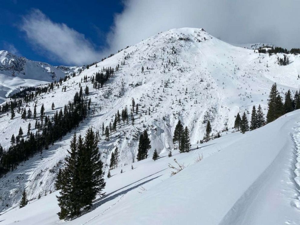 PHOTO: Looking across at the avalanche that caught four skiers on February 1, 2021. Their ski tracks are visible to the right of the avalanche, but where they entered into the gully is obscured by trees. 