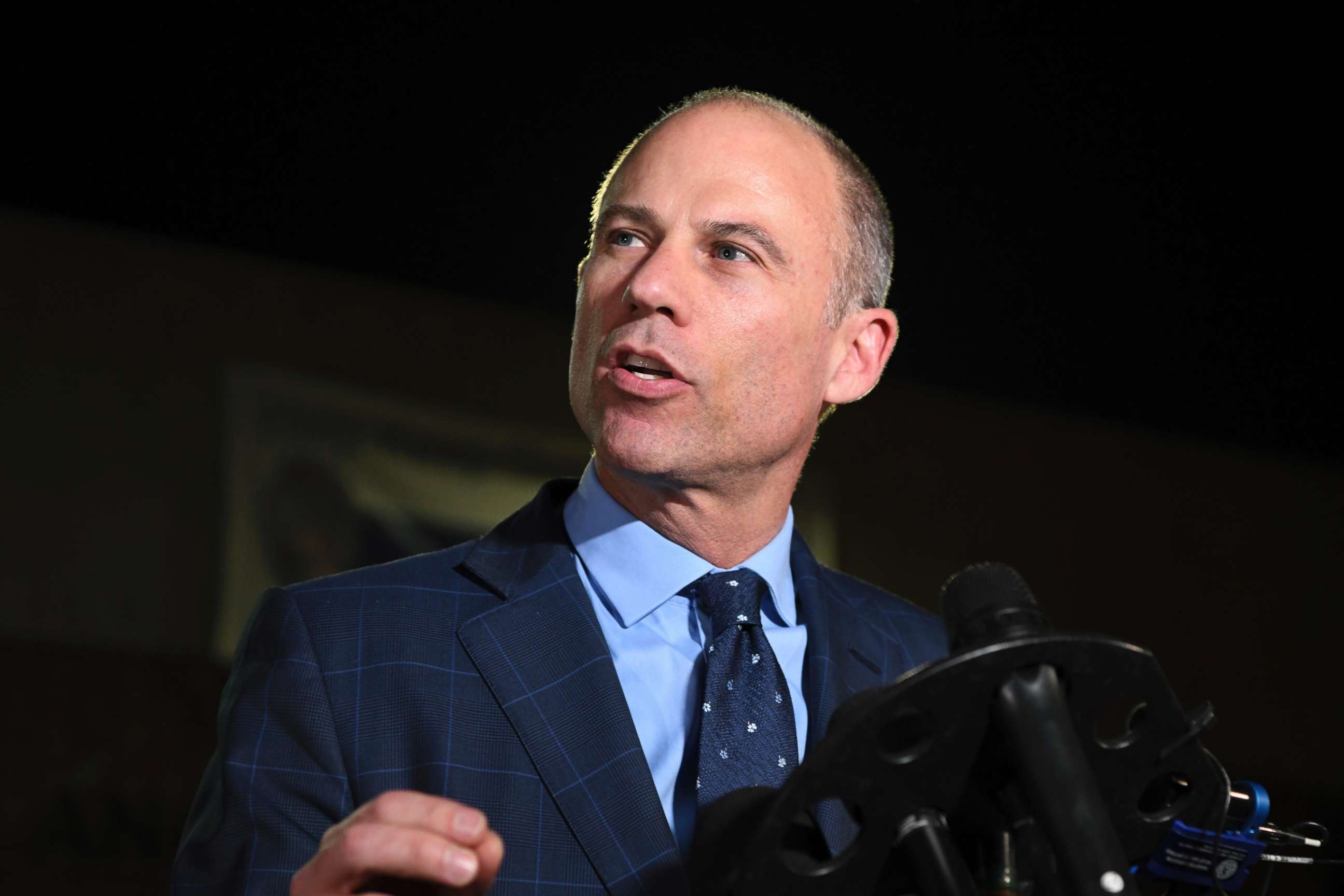 PHOTO: Michael Avenatti speaks to the media outside the Los Angeles Police Department Pacific Division after posting bail for a felony domestic violence charge, Nov. 14, 2018. 