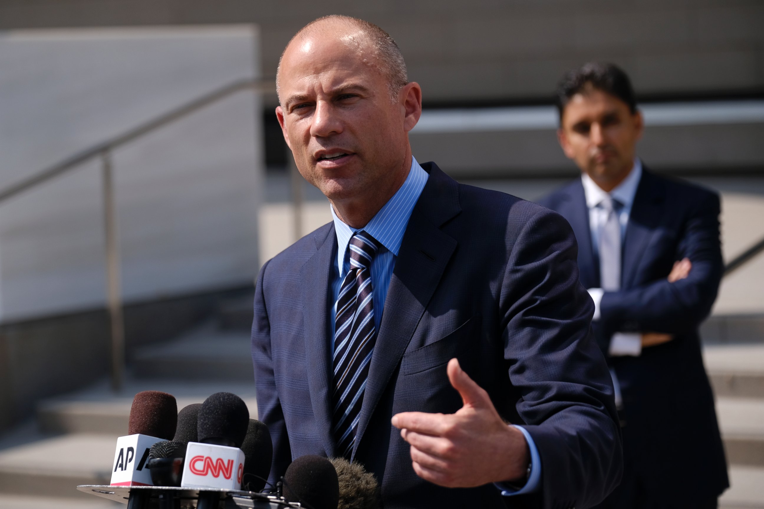 Michael Avenatti, the attorney for porn actress Stormy Daniels replies to questions by reporters during a news conference in front of the U.S. Federal Courthouse in Los Angeles on Friday, July 27, 2018.