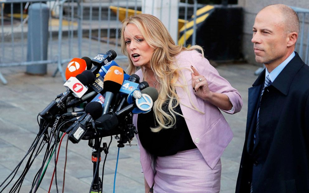 PHOTO: Adult film actress Stephanie Clifford, also known as Stormy Daniels, speaks to media along with lawyer Michael Avenatti outside federal court in the Manhattan borough of New York City, April 16, 2018.