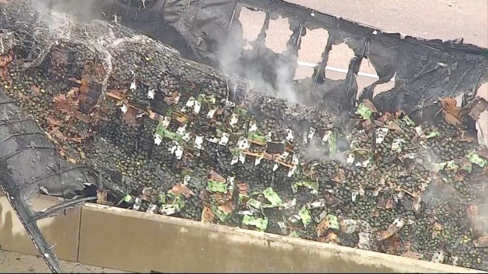 PHOTO: Avocados lie at the scene where a 18-wheeler spilled about 40,000 pounds of avocados after crashing and catching fire, Dec. 12, 2017.