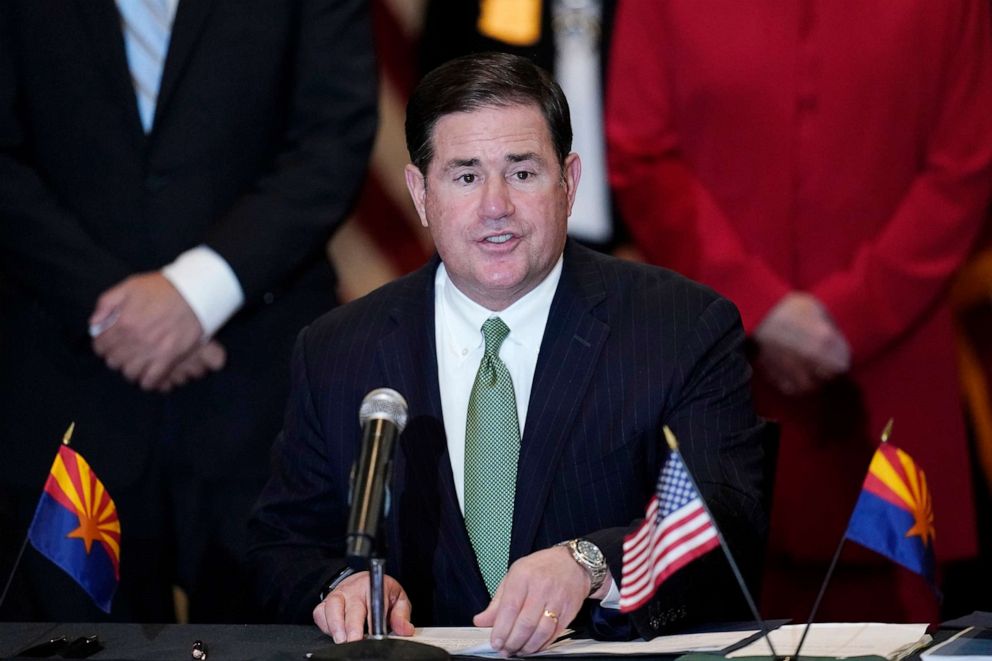 PHOTO: Arizona Republican Gov. Doug Ducey speaks during a bill signing, April 15, 2021, in Phoenix.