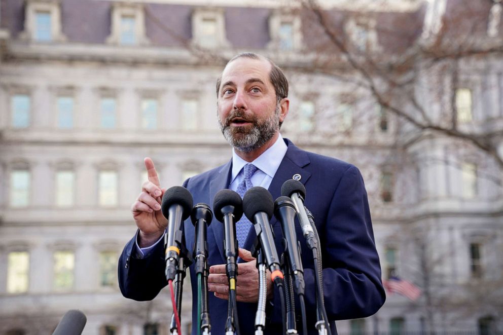 PHOTO:Secretary of Health and Human Services (HHS) Alex Azar speaks to reporters outside the White House about Trump administration efforts to combat the coronavirus outbreak, in Washington on Feb. 28, 2020.