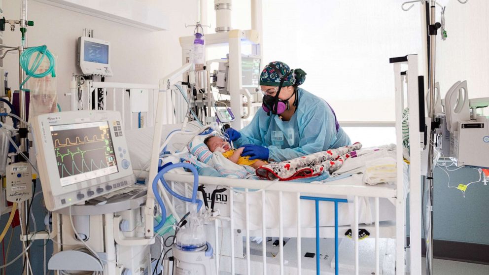 PHOTO: A nurse tends to a 2-month-old on a ventilator for respiratory failure because of COVID-19 at Children's Hospital New Orleans, Aug. 18, 2021.