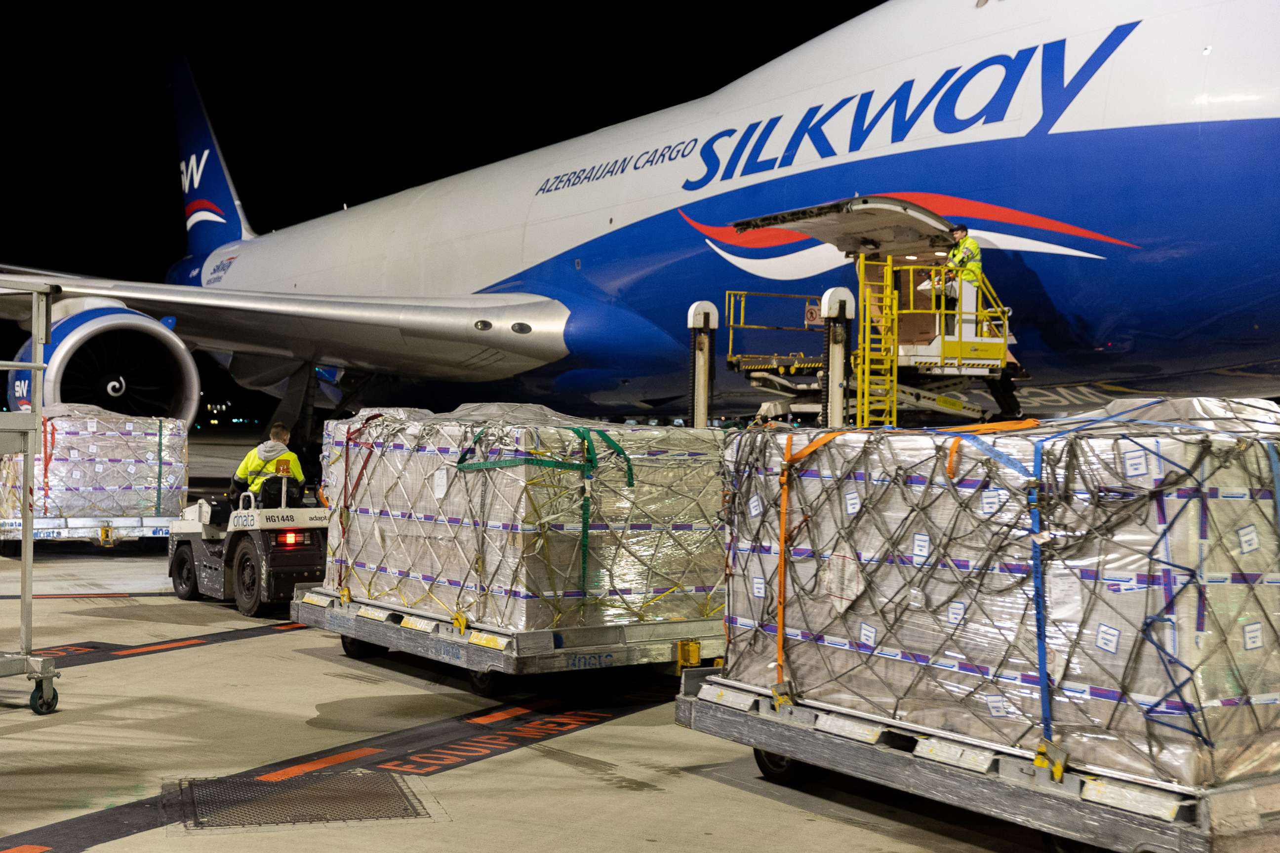 PHOTO: Pallets of boxes of Bubs baby formula are loaded into a cargo plane at Melbourne Airport in Melbourne, Australia, June 12, 2022.