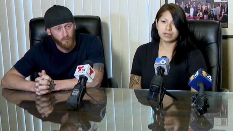 PHOTO: Justin Johnson and Rebecca Saunders speak during a press conference, March 21, 2018, in Kendall, Fla., about a custody battle with Saunders' mother, Betty Osceola. 