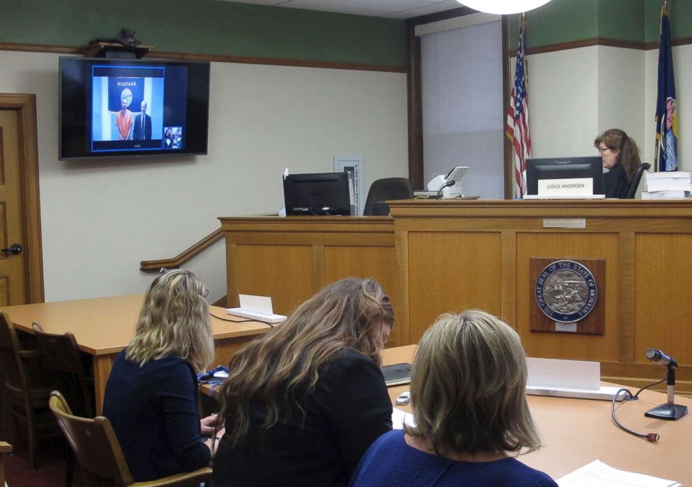 PHOTO: Missoula County Justice Court Judge Marie Andersen reads Francis Crowley, appearing by videoconference, his rights in a court hearing in Missoula, Mont., July 10, 2018.