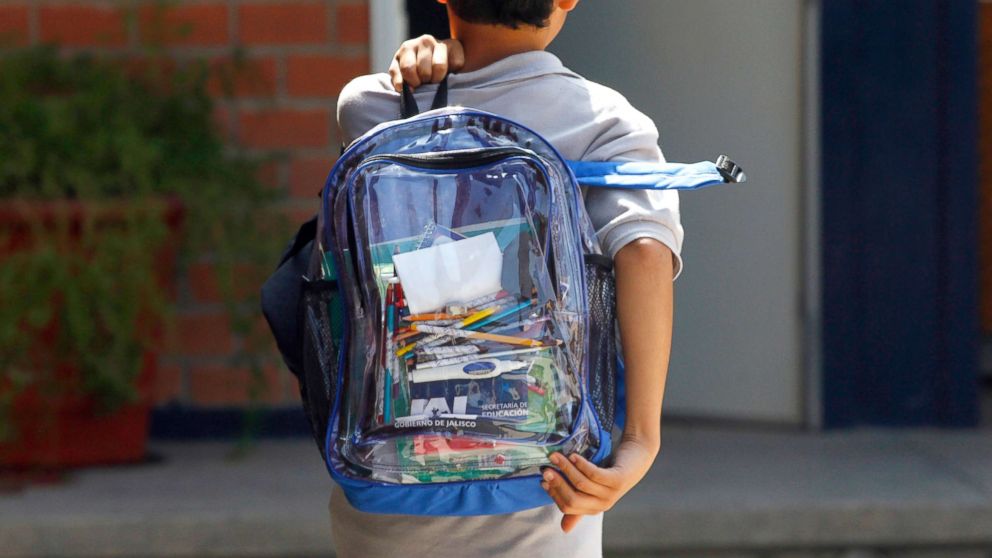 PHOTO: A school student carries a transparent backpack.