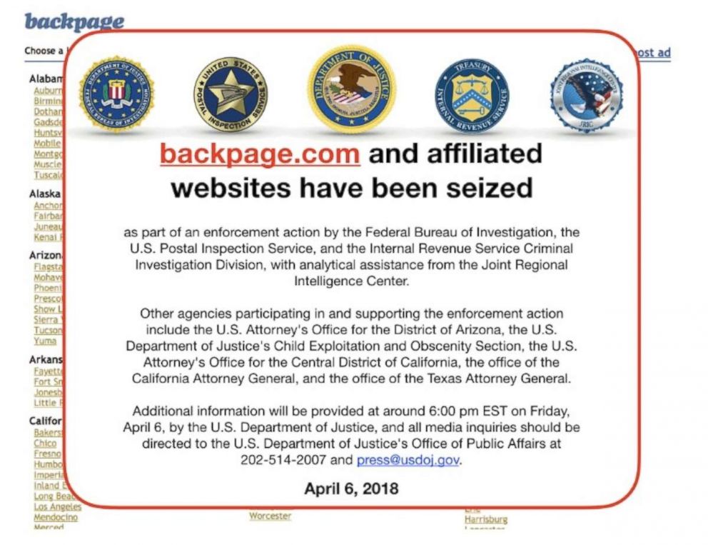 PHOTO: A notice placed over the website of backpage.com on April 6, 2018.