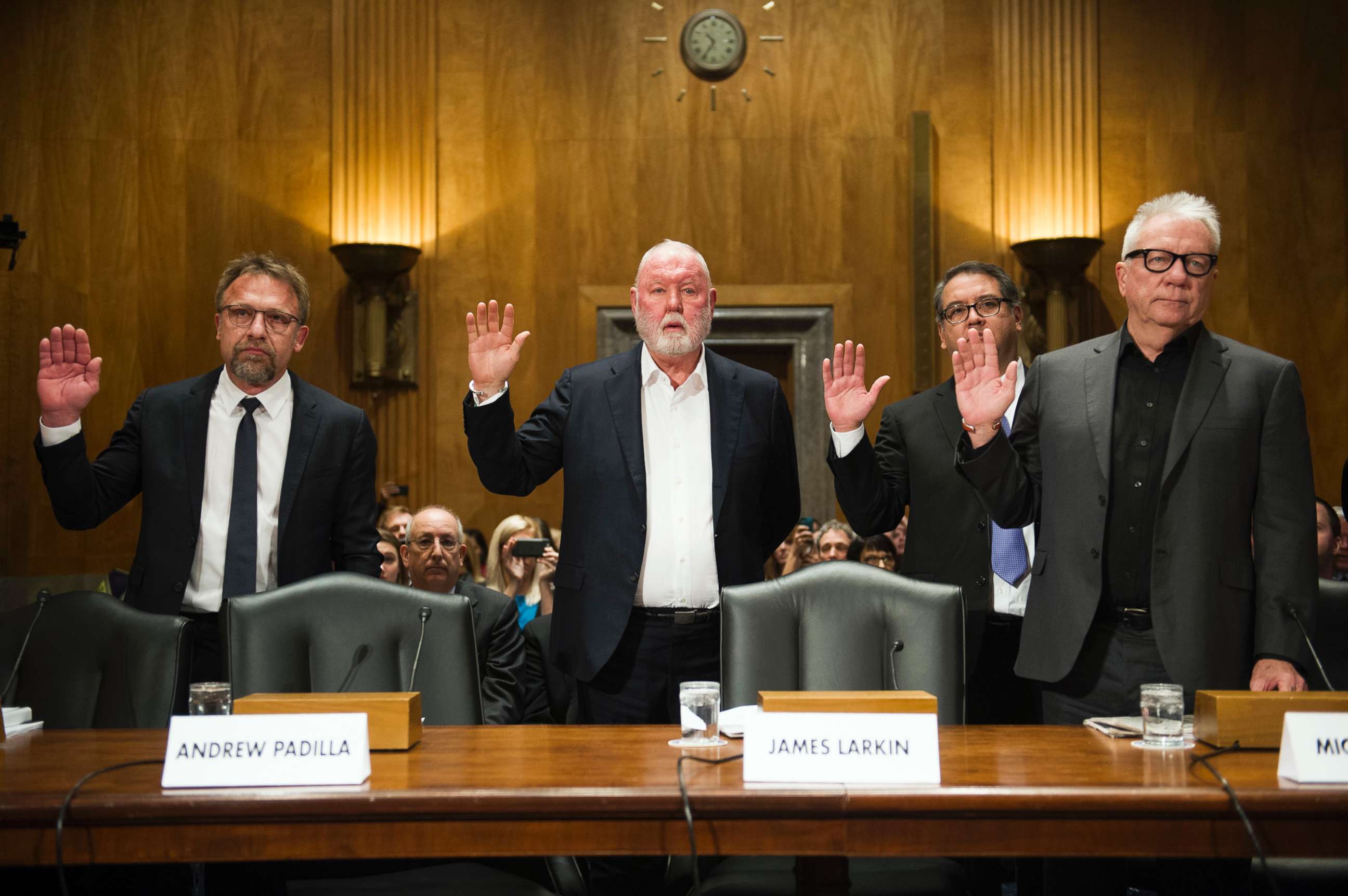 PHOTO: From left, Backpage.com CEO Carl Ferrer, former owner James Larkin, COO Andrew Padilla, and former owner Michael Lacey, appear before the Senate Homeland Security and Governmental Affairs subcommittee hearing in Washington, D.C.., Jan. 10, 2017.