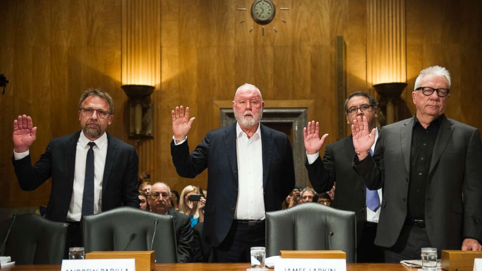 PHOTO: From left, Backpage.com CEO Carl Ferrer, former owner James Larkin, COO Andrew Padilla, and former owner Michael Lacey, appear before the Senate Homeland Security and Governmental Affairs subcommittee hearing in Washington, D.C.., Jan. 10, 2017.