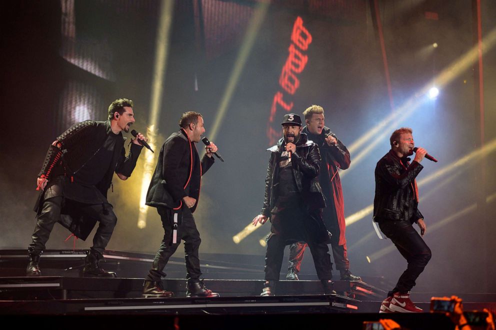 PHOTO: In this May 11, 2019, file photo, Kevin Richardson, Howie Dorough, A.J. McLean, Nick Carter and Brian Littrell from the Backstreet Boys band perform on stage at Altice Arena in Lisbon, Portugal. 