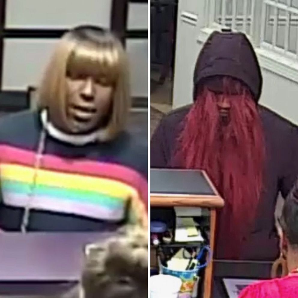 PHOTO: Surveillance video released by the FBI shows a suspect wearing a wig during bank robberies in Huntersville, N.C., on Dec. 13, 2019 and in Belmont, N.C., on Jan. 7, 2020.