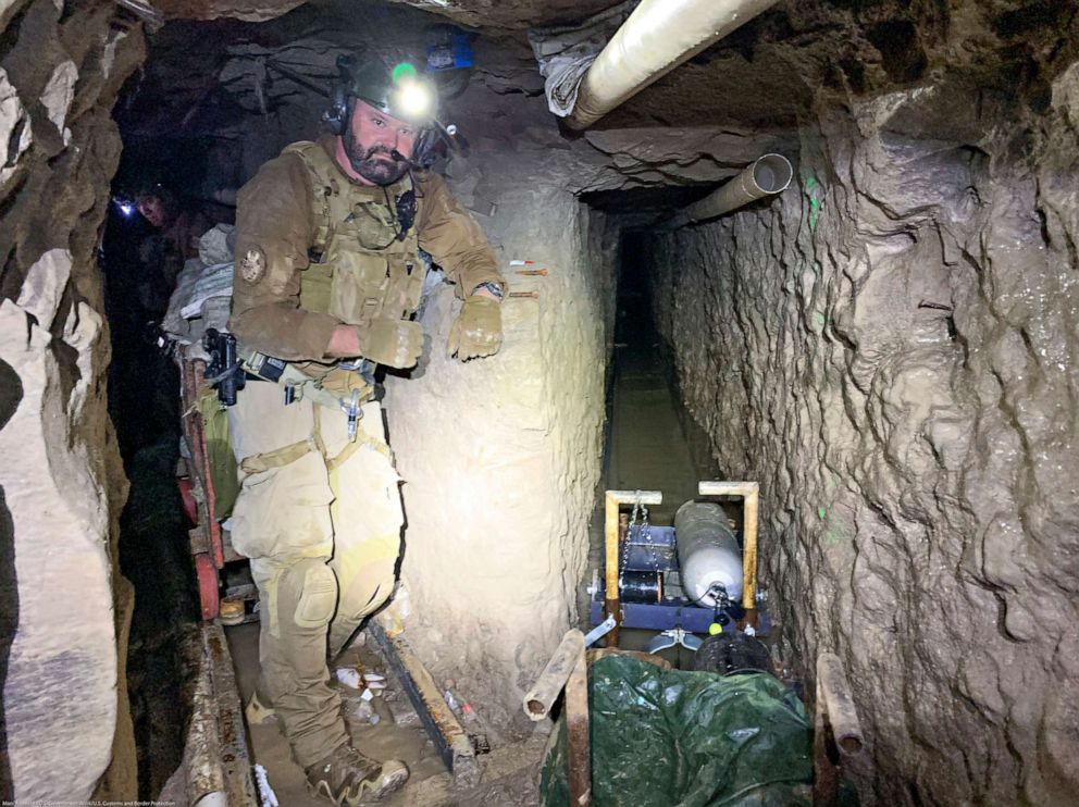 PHOTO: Handout photo taken Oct. 30, 2019 and released Jan. 28, 2020, shows the longest illicit cross-border narco-tunnel ever discovered along the Southwest border. The tunnel is around five and a half feet tall by two feet wide and 4,309 feet long. 