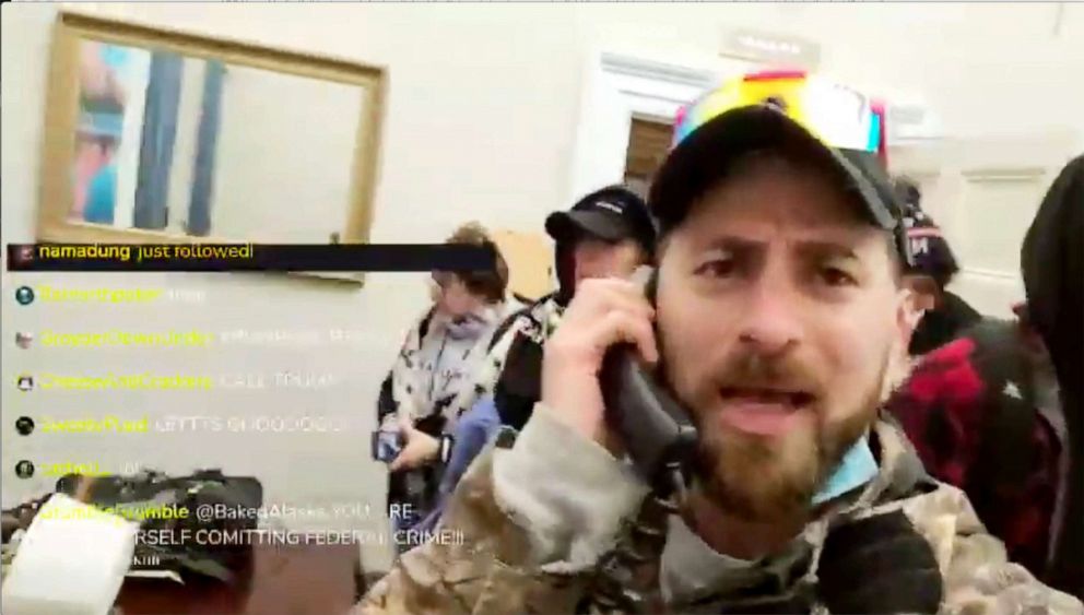 PHOTO: A still from a since-removed livestream taken by "Baked Alaska" (Anthime Joseph Gionet) during the Capitol riot, Jan. 6, 2021.