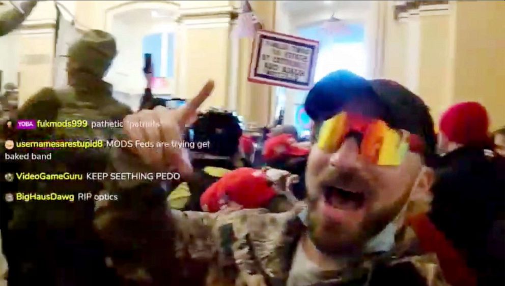 PHOTO: A still from a since-removed livestream taken by "Baked Alaska" (Anthime Joseph Gionet) during the Capitol riot, Jan. 6, 2021.