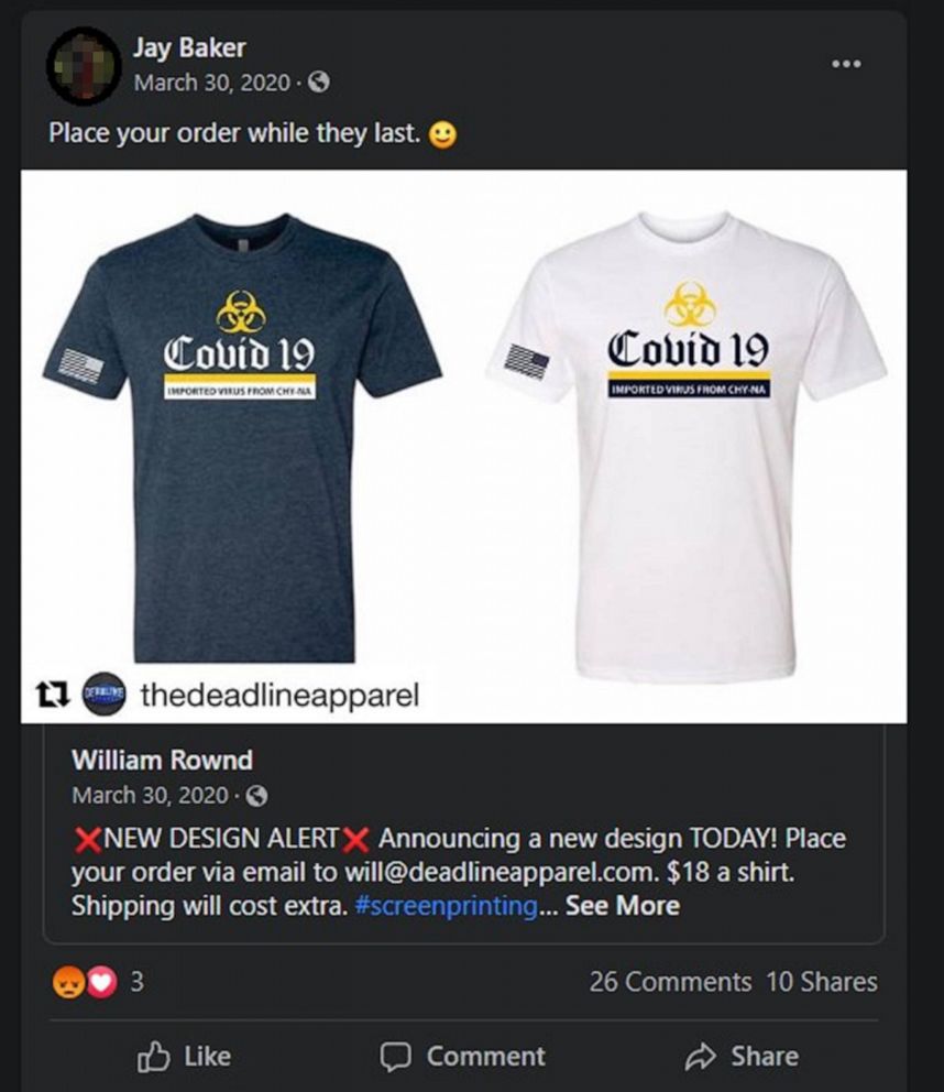 PHOTO:A post on a now-deleted Facebook account appears to belong to Cherokee County Sheriff's Capt. Jay Baker. The post from March 30, 2020, said, "Place your order while they last," next to an image of T-shirts that read, "Covid-19 Imported from Chy-na."