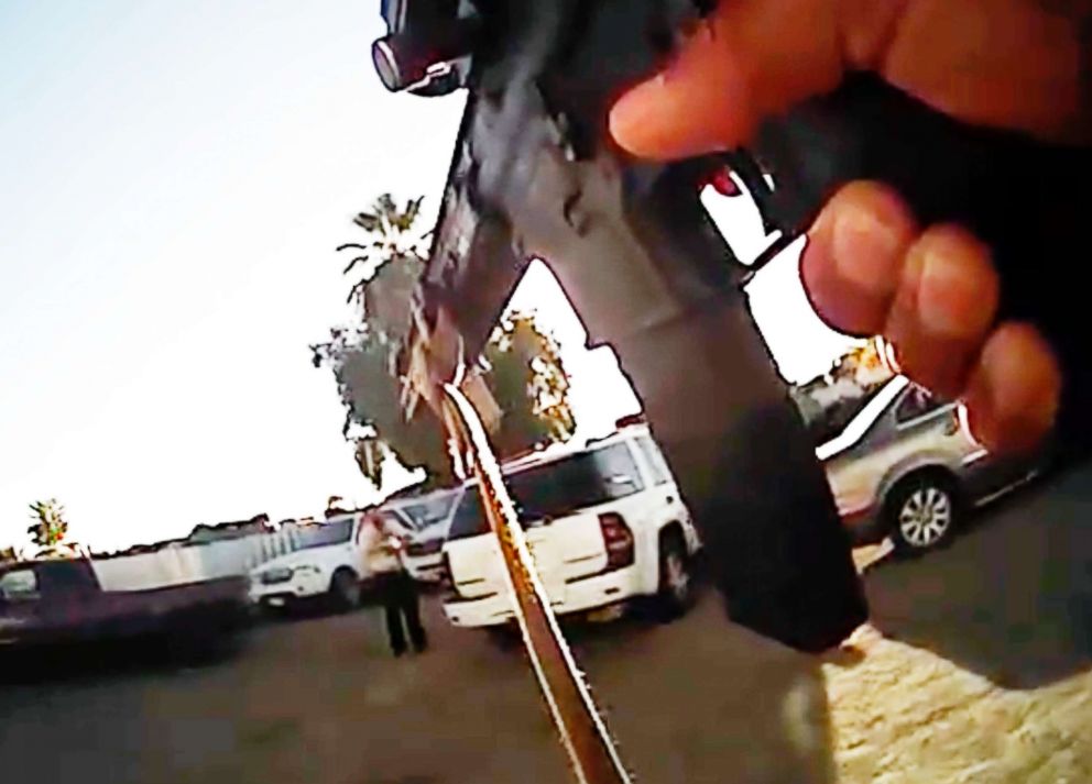 PHOTO: A standoff between officers and Javier Casarez, 54, moments before he fatally shot himself during a confrontation in Bakersfield, Calif., Sept. 12, 2018.